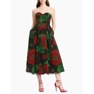 Dress the Population Maisy Strapless Fit Flare Midi Dress Black Multi Small New